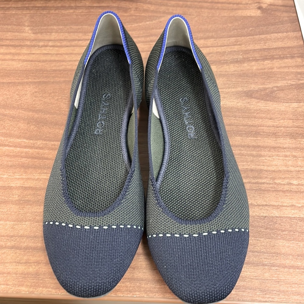 Rothy's Highland Square Toe flats.  Size 7.5.  Navy and Green/Gray.